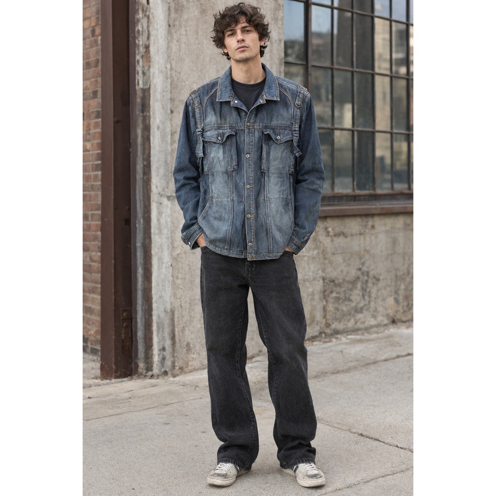 Marithé François Girbaud Utility Denim Trucker Jacket Dark Wash XXL Y2K